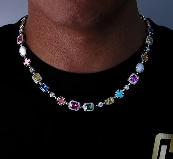 Collar Hip-Hop con Gemas de Colores Chapado en Oro - Estilo Callejero Unisex
