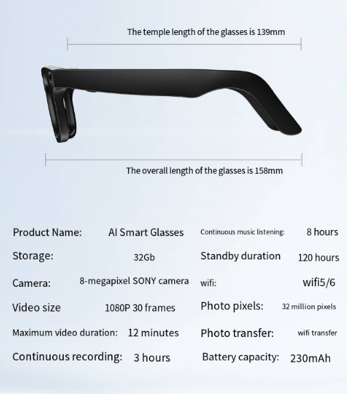 Gafas Inteligentes con Cámara IA - Vídeo HD, Traducción y Llamadas de Voz